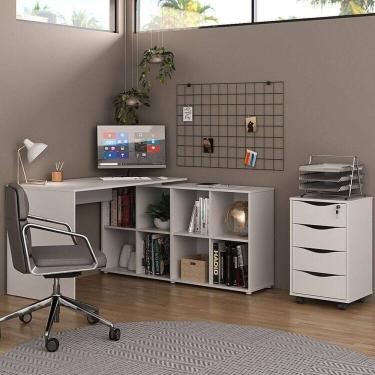 Imagem de Kit 2 Peças com Escrivaninha em L 8 Nichos e Gaveteiro Bit Organizador 4 Gavetas com Chave Branco