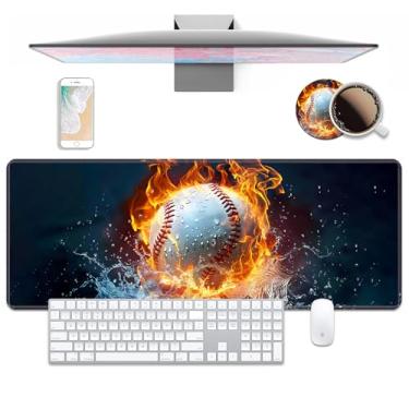 Imagem de Tapete de mesa para jogos com conjunto de porta-copos de beisebol, fogo e água, grande, com borda costurada e base de borracha antiderrapante para trabalho, jogos, escritório, casa (80 cm x 30 cm)