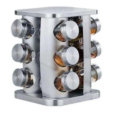 Imagem de Porta Tempero Condimentos 12 Potes Giratório Inox Prata Luxo - Wincy