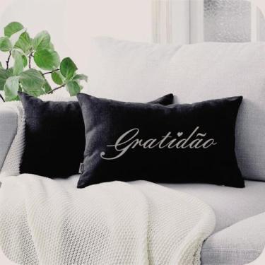 Imagem de Almofada Retangular Preta Serigrafada 30x50cm Gratidão Cinza - FASTLAR