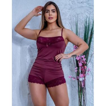 Imagem de Baby Doll Feminino de Renda e Microfibra Sensual - Fitmoda, Bordô, M