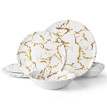 Imagem de Conjuntos de louça de melamina – 12 peças de pratos de melamina para uso interno e externo, pratos de mármore e tigelas, conjunto de pratos de acampamento para 4 lava-louças (STATUARIO dourado)