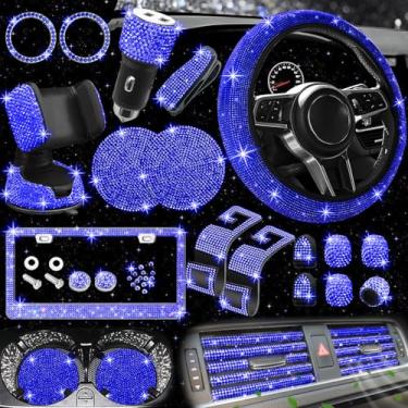 Imagem de NBTEPEM Conjunto de acessórios de carro com 27 peças azuis brilhantes para mulheres, capas de volante com ajuste universal de 38 cm, moldura de placa de carro brilhante, suporte de telefone brilhante