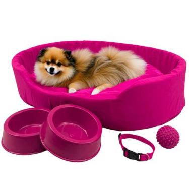 Imagem de Kit Pet Pequeno Cama Europa Potes Água Ração Coleira Bolinha - Supri P