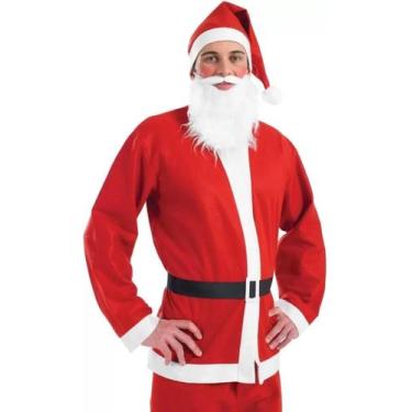 Imagem de Roupa Papai noel adulto barata Cetim 5 peças barba gorro blusa calça e