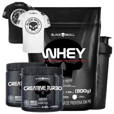 Imagem de WHEY REFIL 900G + 2X CREA TURBO + 2 CAMISETAS BOPE PRETA EXG + COQ - BLACK SKULL (CHOCO)-Unissex