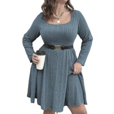 Imagem de Vestido feminino plus size casual gola quadrada manga lanterna longa gravata cintura pulôver pulôver solto, Cinto azul marinho, GG