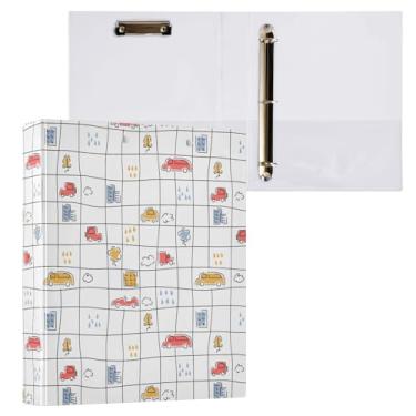 Imagem de Fichário de 3 anéis para carros dirigindo em grade desenhada à mão, fichário decorativo de 3,8 cm com prancheta e 3 bolsos transparentes, comporta 200 folhas de papel tamanho A4 fichários à prova