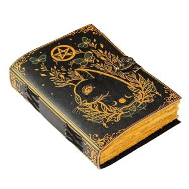 Imagem de Caderno de feitiços em branco livro das sombras pequeno bruxa gato impresso suprimentos de bruxaria caderno wiccan feito à mão papel deck vintage diário grimório caderno de esboços de couro, diário de desenho (8 x 6)