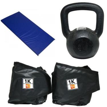 Imagem de Kit Colchonete Azul + Par de Caneleira 1Kg + kettlebell Pintado 14kg -