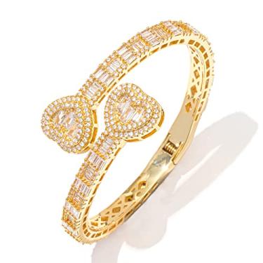 Imagem de Pulseira de diamante baguete gelado para mulheres, Hip Hop masculino 14 k pulseira de zircônia cúbica banhada a ouro prata, pulseira de punho coração feminino com caixa de joias, 7inch, Cobre, Zircônia cúbica