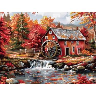 Imagem de HMDIIMGE Red Mill House roda d'água árvores de outono DIY 5D kits de pintura de diamante para adultos pintura de arte de diamante redondo completo fácil para iniciantes pedras de ponto cruz artesanato