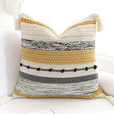 Imagem de BlissBlush Capa de almofada decorativa de outono amarela mostarda 45,7 x 45,7 cm quadrada boho com borlas almofada de fazenda para sofá sofá quarto sala de estar decoração de casa capa APENAS