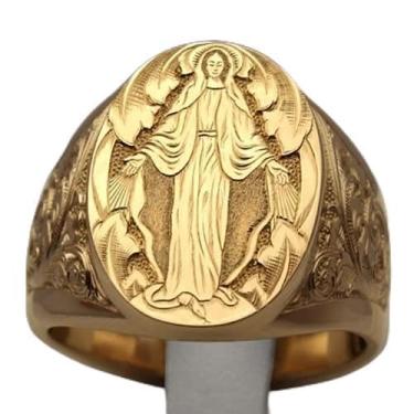 Imagem de LIOYSIUT Anel de prata masculino feminino banhado a ouro 18 K com símbolo gravado Virgem Maria Biblia Verso Anéis de oração Cristão Altamente Polido Placa Empilhável Junta de Presentes Religiosos