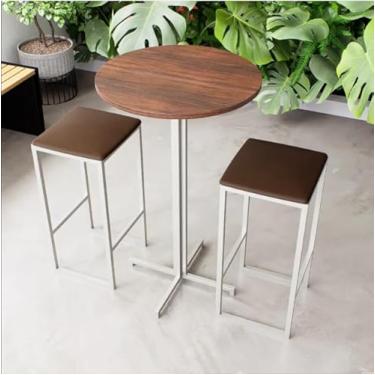 Imagem de Conjunto Mesa Alta Bar Bistrô Redonda Imbuia 2 Bancos Estofado Industrial White (Marrom)