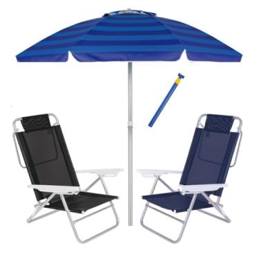 Imagem de Kit Praia 2 Cadeira Summer Reclinável 6 Pos + Guarda Sol 2,4m + Saca Areia - Mor - Azul Listrado
