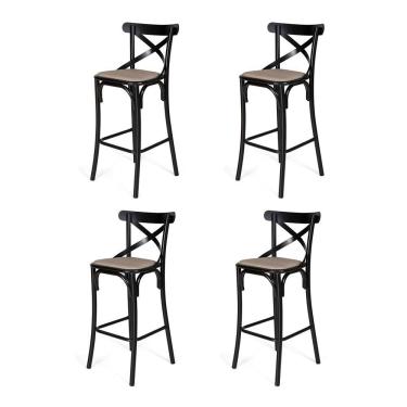 Imagem de Kit 4 Banquetas Katrina Premium em Aço Preto Assento Bege