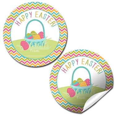 Imagem de Cesta de Páscoa com tema Happy Easter Etiquetas adesivas de presente para crianças, 40 adesivos de círculo de festa de 5 cm da AmandaCreation, ótimo para lembrancinhas de festa, selos de envelope e