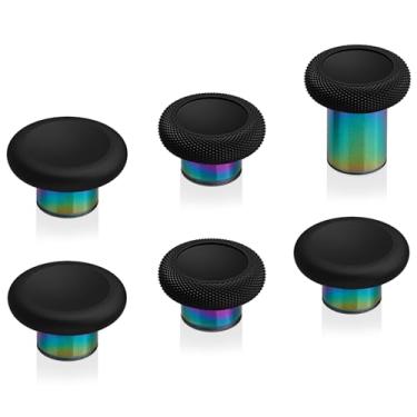 Imagem de eXtremeRate Manípulos de metal 6 em 1 para controle Xbox Elite Series 2, preto e metálico, arco-íris aura, azul e roxo, tampas de joystick analógico magnético, intercambiáveis para controle Xbox Elite