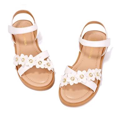 Imagem de PANDANINJIA Sandálias Mary Girls Com Bico Aberto, Lindas Flores, Pérolas, Sandálias Sociais, Tiras Cruzadas, Sapatos De Verão Para Bebês/Crianças Pequenas/Crianças Grandes (Branco Pu, 11 M Eua, Cri