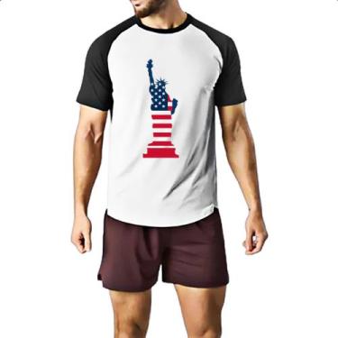 Imagem de Camiseta Raglan Estatua Liberdade Silhueta Bandeira EUA - Alearts, M