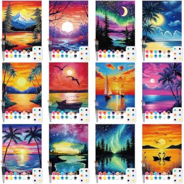 Imagem de Ctosree Pacote com 12 kit de tela pré-desenhada de Natal pré-impresso, pintura em tela esticada, conjuntos de tintas aquarela, conjunto de telas para festas de fim de ano, beber e pintar (pôr do sol