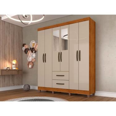 Imagem de Roupeiro Estrela Em Mdp Com Espelho 6 Portas E 2 Gavetas Sallêto Cinamomo/ Off White