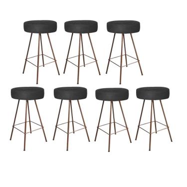 Imagem de Kit 07 Banqueta Alta Laisa Industrial Redonda Ferro Bronze Corino Preto - Amey Decor