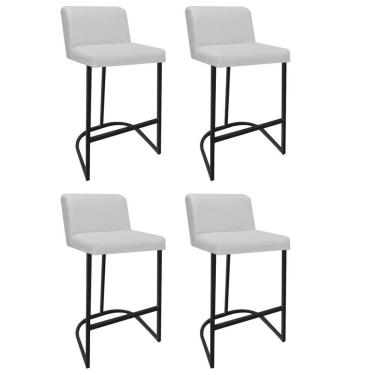 Imagem de Kit 04 Banquetas Com Encosto Confort Bistrô Cozinha Ferro Preto Corino Branco - Amey Decor