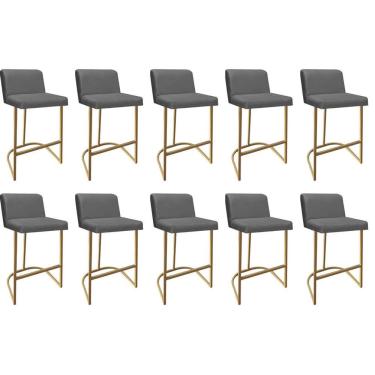Imagem de Kit 10 Banquetas Com Encosto Confort Bistrô Cozinha Ferro Dourado Corino Cinza - Amey Decor