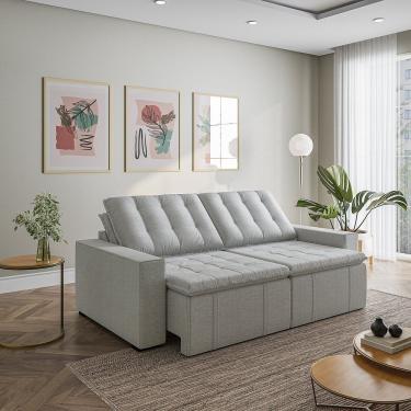 Imagem de Sofá Cama Retrátil E Reclinável 3 Lugares 260cm Em Linho Com Molas E Braço Reto Prata