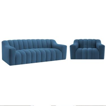 Imagem de Kit 1 Sofá 180cm 2 Poltrona Luxo Recepção Sala Elegance Linho Azul Royal