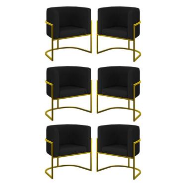 Imagem de Kit 06 Poltronas Lua Sala Decorativa Base Ferro Gold Corino Preto
