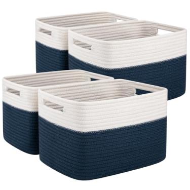 Imagem de OIAHOMY Pacote Com 4 Cestos De Armazenamento Para Organização, Prateleiras Cesto Alça, Brinquedos Tecido, Toalhas, Livros, Corda Algodão 33 Cm X 23 L 19 A, Azul E Branco