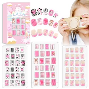 Imagem de Laza Kit Com 72 Unhas Postiças Curtas Azuis, Pré-Coladas, Cobertura Total, Postiças, Estampa De Coração Rosa, Para Crianças E Adolescentes - Urso Fofo