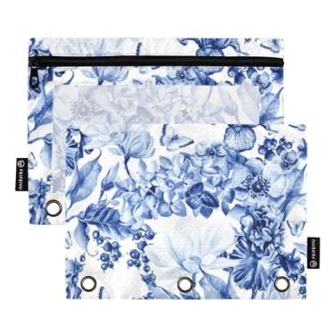 Imagem de Tatenale Estojo Para Lápis Com 3 Argolas, Zíper E Janela Transparente, Ilhós Reforçados, Exames Escolares De Escritório, Pacote 2 Flores Azuis