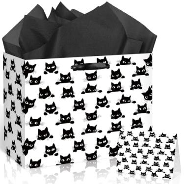 Imagem de Saco de presente de aniversário de gato engraçado gato preto decorações de aniversário preto miau saco de papel de embrulho com cartão de felicitações para meninos meninas chá de bebê lembrancinhas