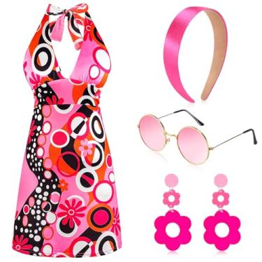 Imagem de SATINIOR 4 peças, fantasia hippie dos anos 60, 70, feminina, retrô, discoteca, vestido, faixa de cabeça, brinco de festa, óculos de sol para Halloween (pequeno)