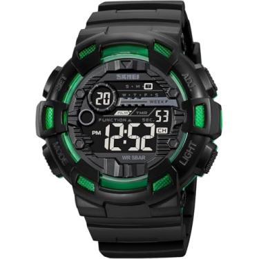 Imagem de Relógio multifuncional masculino, relógio digital esportivo para atividades ao ar livre com mostrador grande e data, relógio de pulso casual masculino com luz de fundo LED (Black Green)