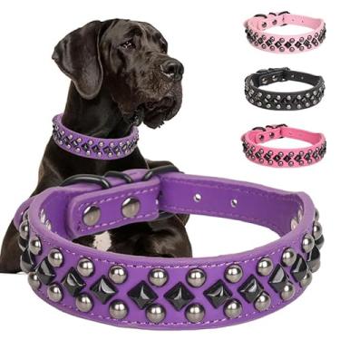 Imagem de Coleiras de couro PU cravejadas para cães pequenos, médios, grandes, Pitbull, Mastiff, Labrador, Boxer, Rottweiler, pastor alemão (roxo, G)