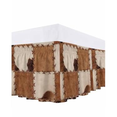 Imagem de Saia para cama de couro bovino, estampa de pele de vaca, 40,6 cm, pele de animal de fazenda, marrom, elástica, envolvente ao redor, saia para cama king size