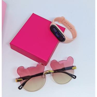 Imagem de Kit Relógio Digital Led touch Meninas Pulseira Silicone + Óculos de Sol Infantil Orelha de Urso Proteção UV400 Crianças