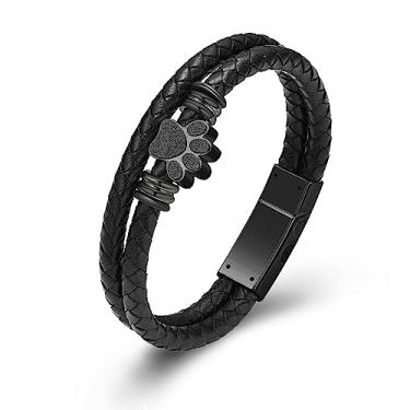 Imagem de zeqingjw Joias de cremação para animais de estimação, pulseira de urna com estampa de pata para cinzas para mulheres, homens, couro, memorial, cão, gato, cinzas, lembrança, pulseira, joia, 24CM, Aço