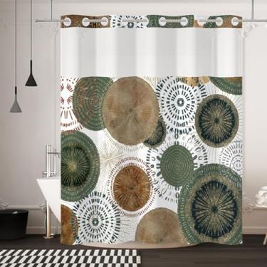 Imagem de Yanutan Cortina de chuveiro verde Boho Circle sem gancho, cortina de chuveiro de camada dupla com forro de encaixe e pesos, cortina de banho de tecido boêmio circular verde marrom com malha