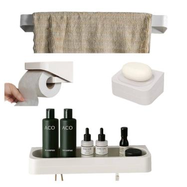 Imagem de Kit Banheiro 4pç Saboneteira + Papeleira + Porta Shampoo + Toalheiro Com Adesivo Bege -...