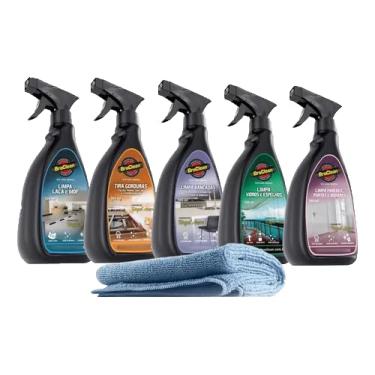 Imagem de Kit de Limpeza Multiuso, 5 Produtos 500ml, para Laca, MDF, Vidros, Espelhos, Mármores, Granitos, Porcelanatos e Churrasqueira + Pano Microfibra BraClean PREMIUM