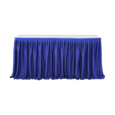 Imagem de Saia de mesa plissada de poliéster opcional de 6 pés/9 pés, toalha de mesa de jantar com babados verdes e rosas para decoração de mesa de casamento, banquete, festa de aniversário, azul, 9 pés 78 x 2