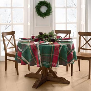 Imagem de Elrene Home Fashions Merry & Festive Toalha de mesa de Natal, xadrez, algodão, xadrez, 178 x 178 cm, redonda