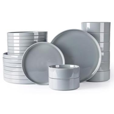 Imagem de Conjunto de louça para 8, GBHOME Conjunto de pratos e tigelas salpicadas com fundo esmaltado, conjuntos de pratos de grés resistentes a lascas e arranhões, pratos seguros para lava-louças e