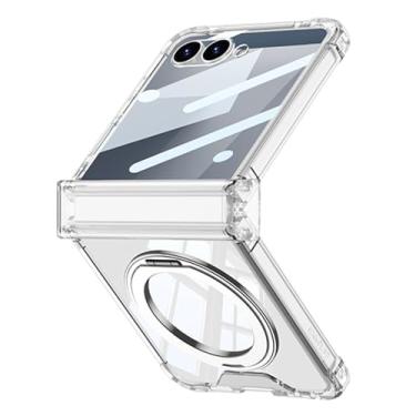 Imagem de POYUFRG Capa magnética para Samsung Galaxy Z Flip 7, capa fina HD transparente com anel giratório, suporte de tela, proteção de dobradiça, capa com tudo incluído, branca, Z Flip 7